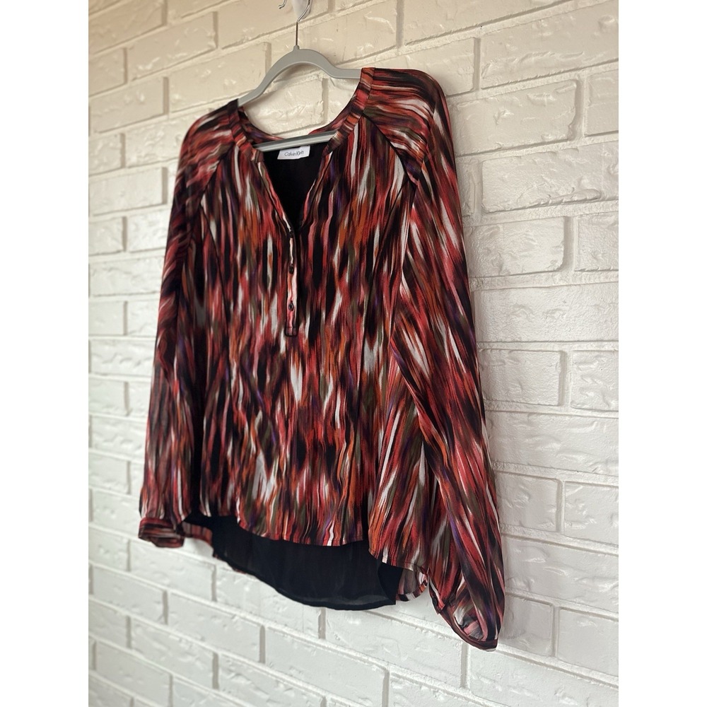 Calvin Klein Women's Multicolor Ikat Print Sheer Chiffon Hi-Low Blouse Medium - Picture 8 of 9